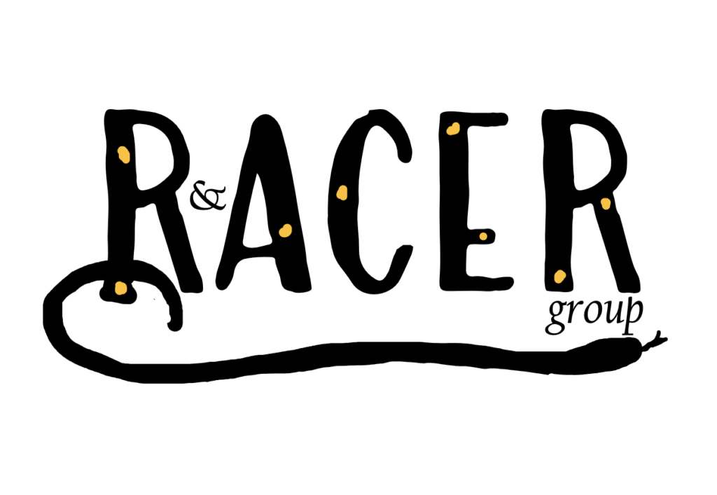 This is a logo for a collaborative research group focusing on reptiles and amphibians. The logo is the acronym 'RACER' followed by the word 'group' in much smaller font. RACER stands for "Reptile & Amphibian Collaborative Ecological Research". There is also a stylized sketch of a black racer snake and there are yellow spots on the black lettering of the word RACER.